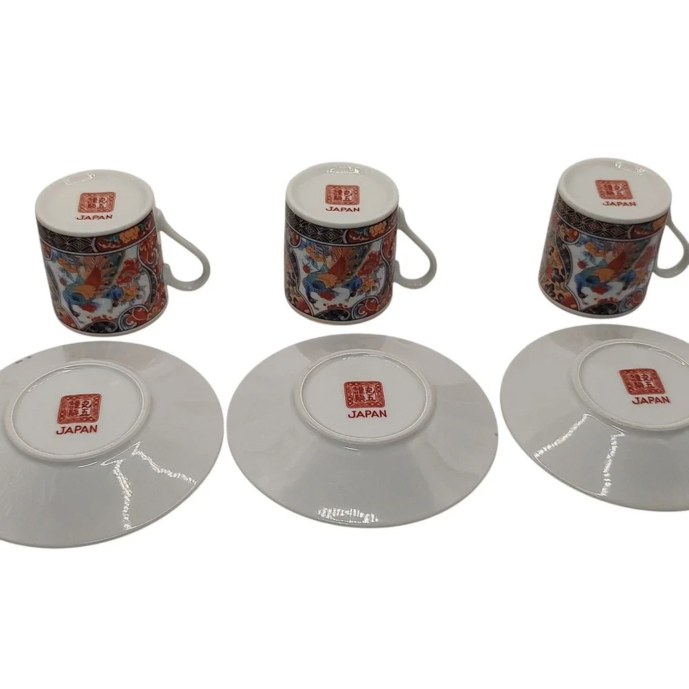 Vintage‎ Japanese Imari Arita Demitasse Cups Saucers Peacock Handmade Six Pieces